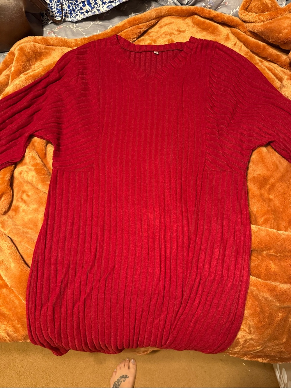 Women's Red V-Neck Ribbed Sweater